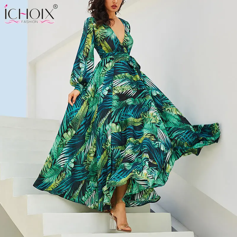 Женское длинное платье с запахом макси V образным вырезом и цветочным принтом