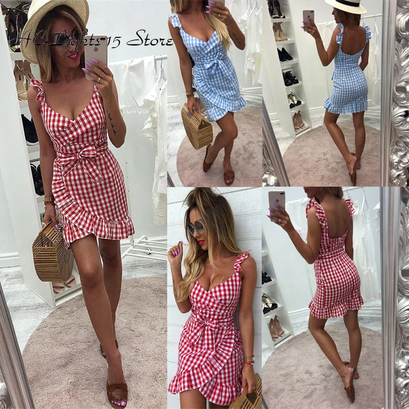 Пикантные летние Bodycon плед плиссированное платье Для женщин Boho красные платья