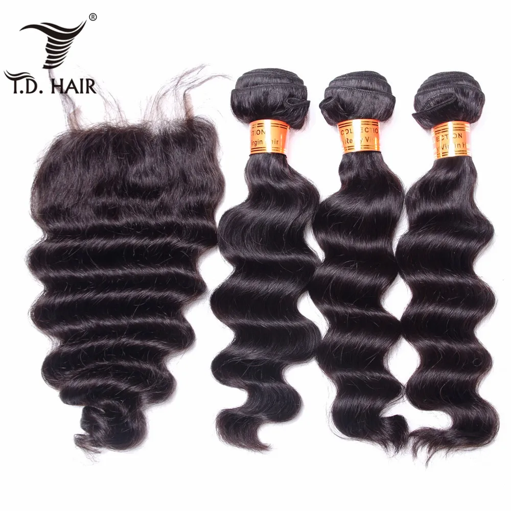 

TD Hair Loose Wave Hair Bundle Weave with Lace Closure Weaving Human Hair Remy Brazilian 3/4 Pieces Hair Bundles With Closure