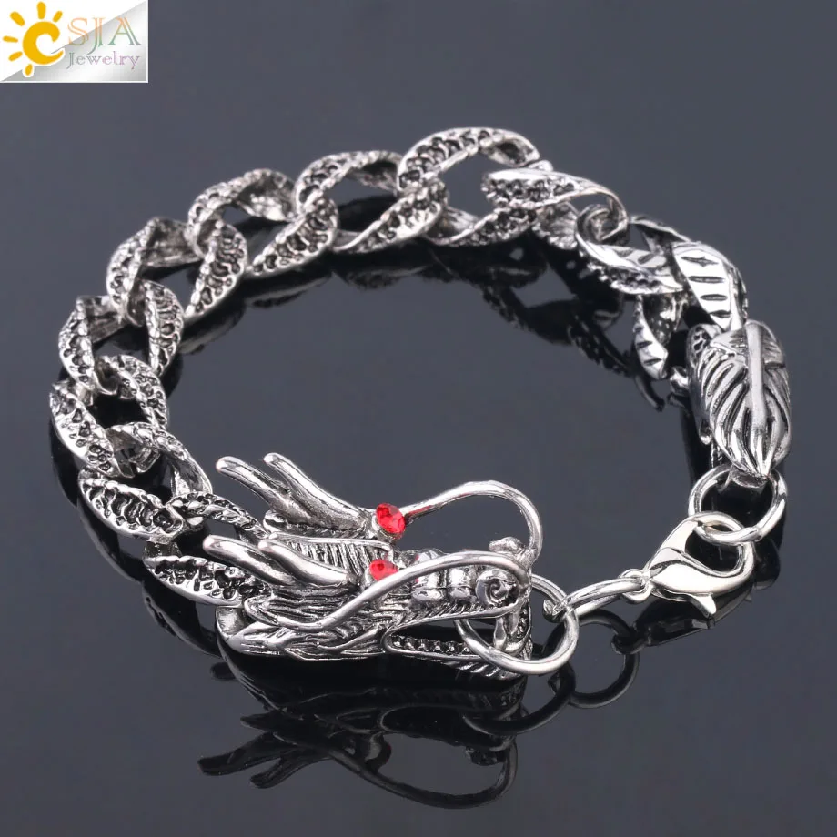 Csja Для мужчин 30x15 мм красных глаз браслет дракона Винтаж серебро Цвет широкий 3D