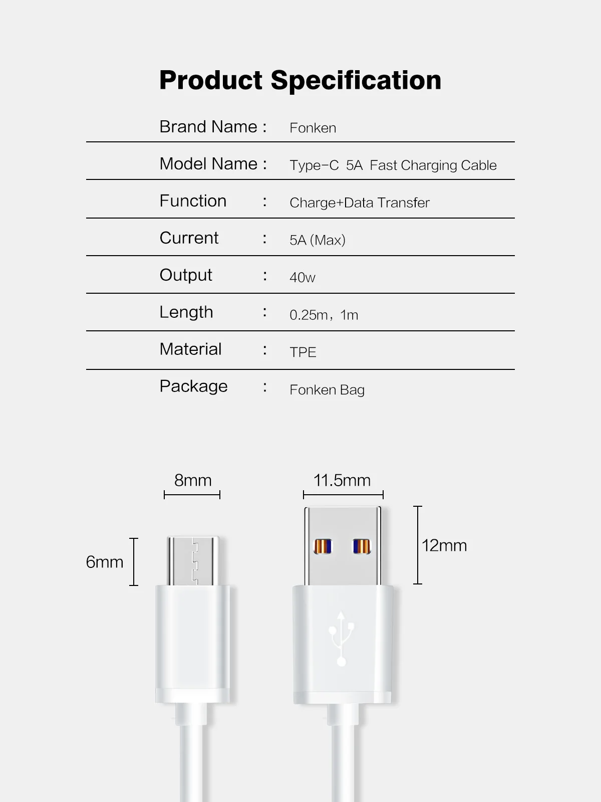 FONKEN 5A type C USB кабель Supercharge USB C быстрое зарядное устройство кабель для телефона type-C Android планшет кабель для передачи данных 1 м Универсальный type-c провода