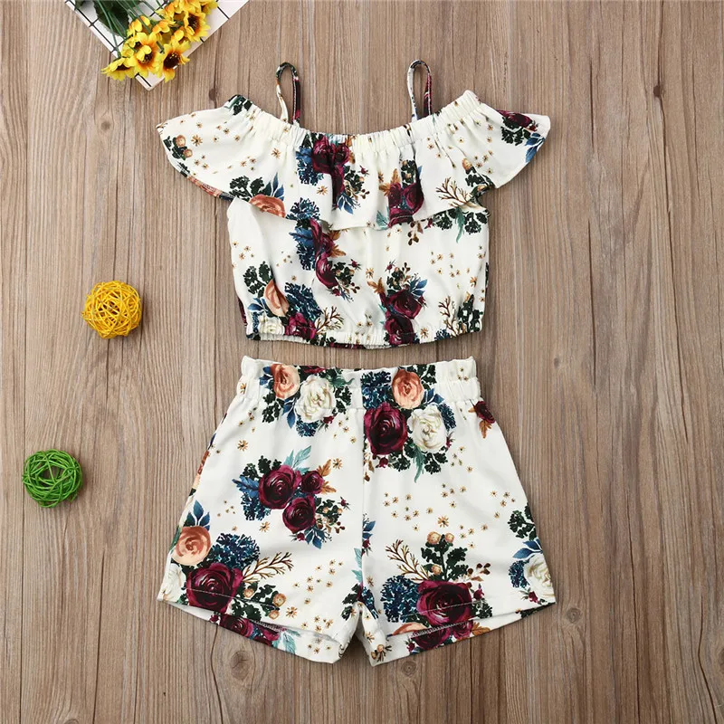 Летняя одежда с цветочным принтом для маленьких девочек блузка открытыми