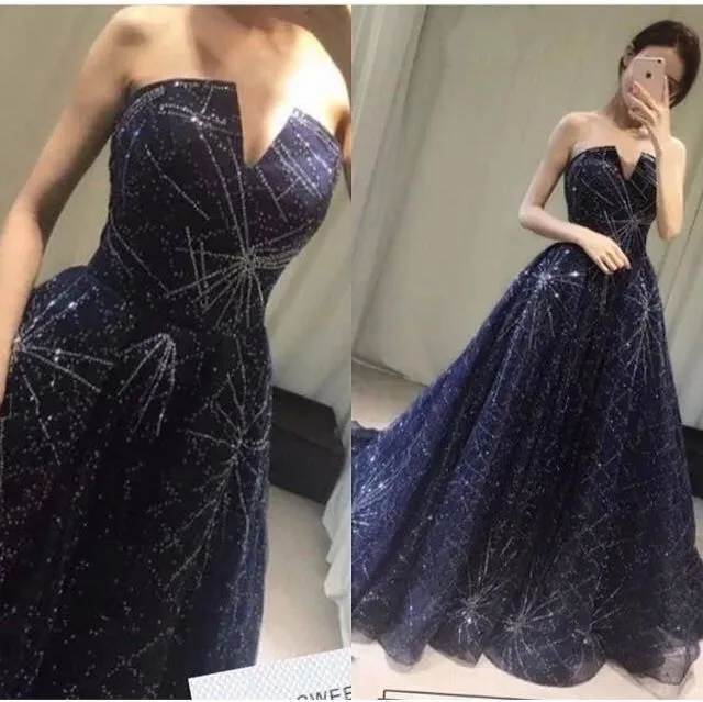 

New Arrival Long Navy Blue Evening Dress 2017 Luxury Sweetheart A Line Cap Sleeve Formal Evening gowns Evening Dresses Bn