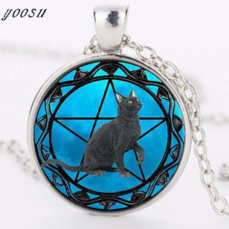 Черные кулоны с изображением черной кошки для викканских женщин, Wicca пентаграмма кристалльное ожерелье с голубым кулоном.