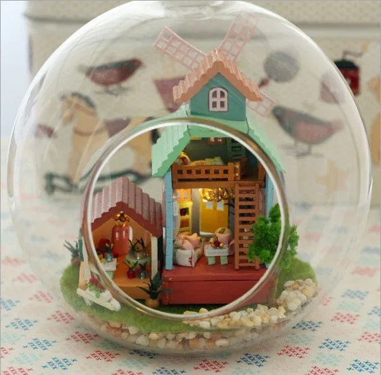 B007 ветряная мельница DIY стеклянный шар Кукольный дом деревянные модели дома 3D