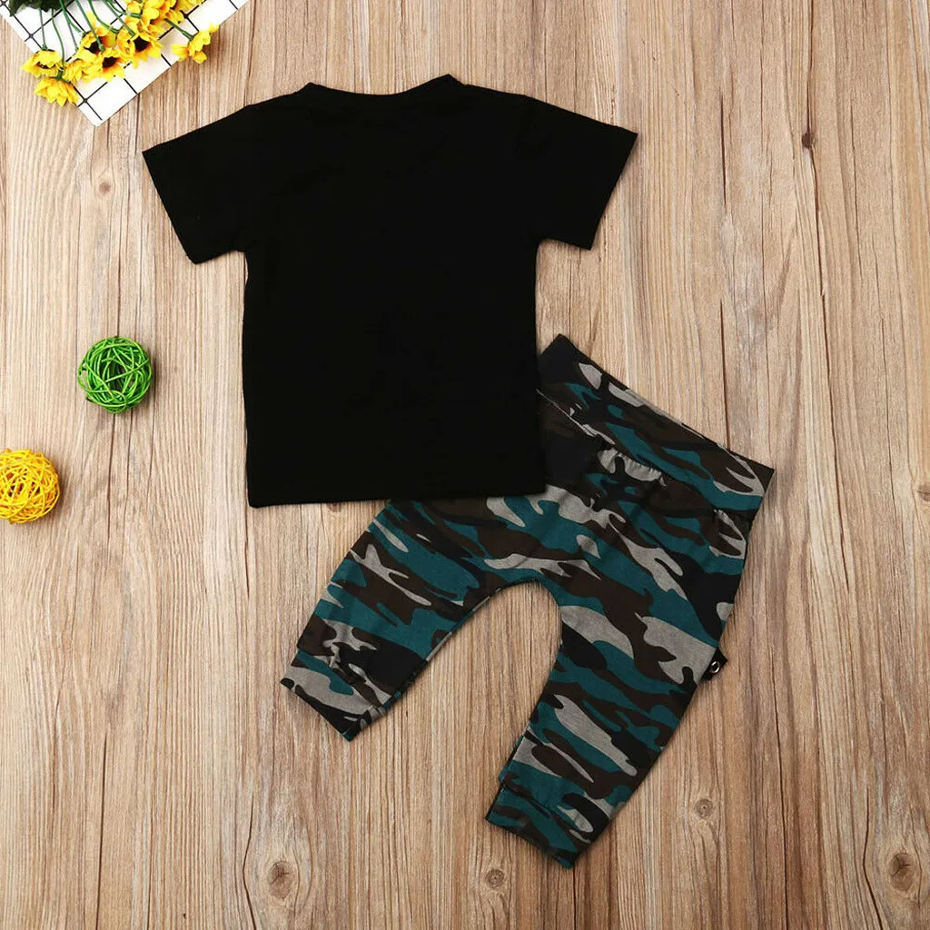 ISHOWTIENDA Toddler Kids Baby Boys Letter Tops T-shirt Camo Pants Set 2PCS Clothes Outfits Boy Summer |