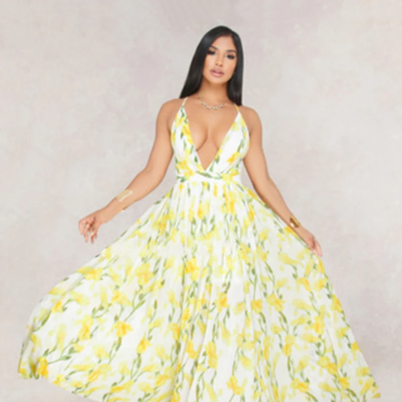 Женское платье на бретельках с высокой талией и принтом сексуальное шифоновое