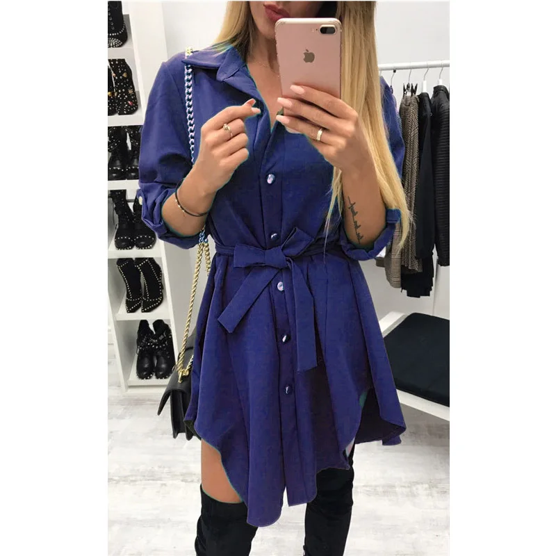 Женское асимметричное платье рубашка с длинным рукавом повседневное короткое