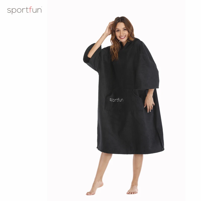 SPORTFUN, Одноцветный халат для серфинга, пончо, полотенце, мокрая толстовка, накидка, Пляжное платье для взрослых, 110x75 см, с вышитым логотипом