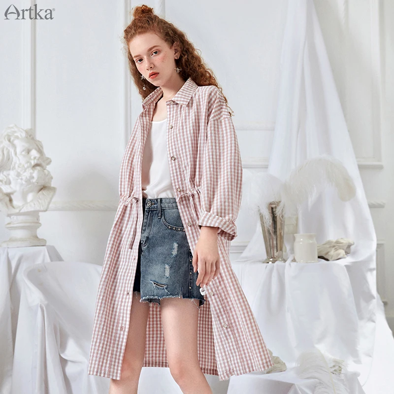 Женское клетчатое платье-рубашка ARTKA Повседневное платье с отложным воротником и