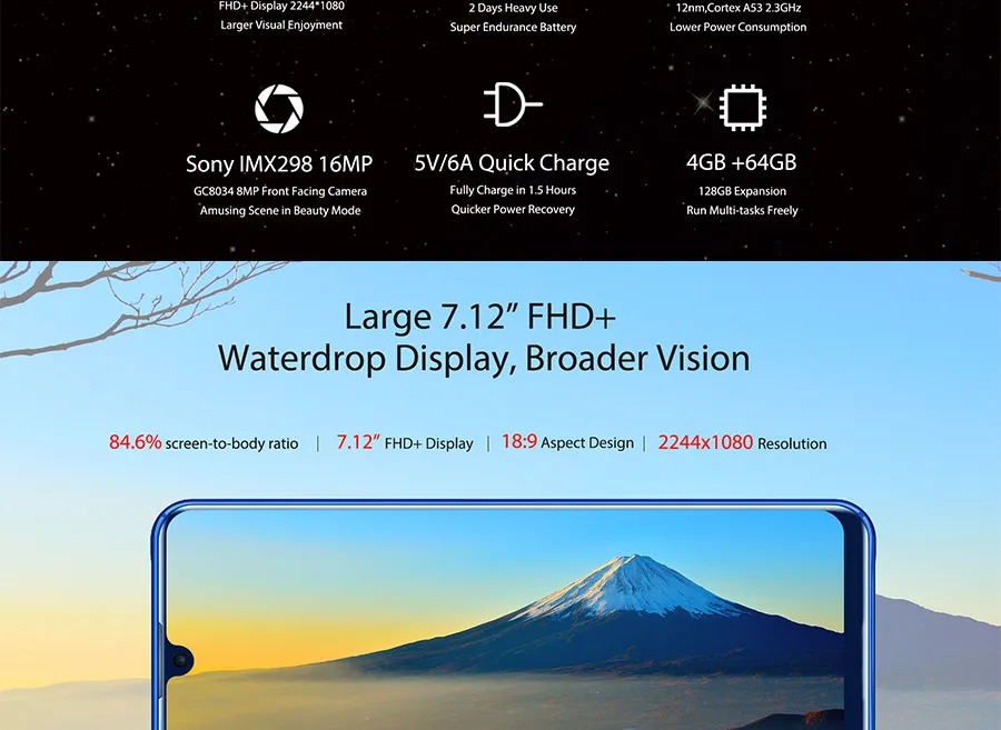 OUKITEL K9 4GB 64GB Водонепроницаемая капля 7,1" FHD+ 1080*2244 6000mAh 5 V/6A Быстрая зарядка 16MP+ 2MP/8MP мобильный телефон Лицо ID OTG Смартфон