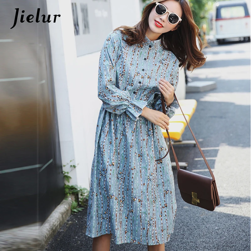 Jielur S XL Осень Винтаж печатных мультфильм плед платье с цветочным рисунком женский