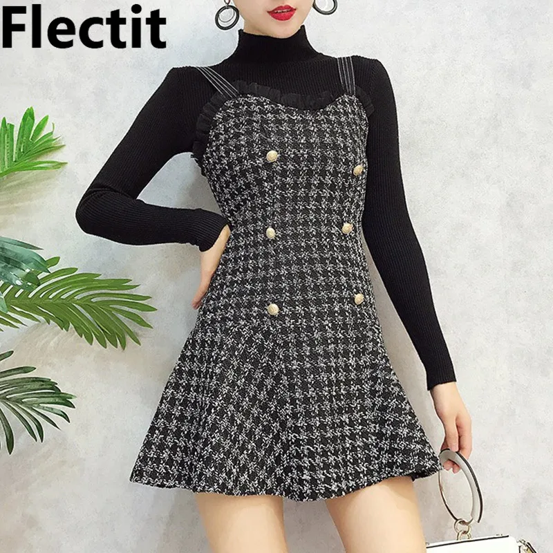 Женское двубортное клетчатое твидовое платье с кружевной отделкой и золотыми