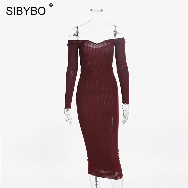 Женское длинное платье из хлопка Sibybo, вечернее платье с V-образным вырезом и открытыми плечами, с длинными рукавами, удобное прямое обтягивающее платье, для ношения осенью и зимой