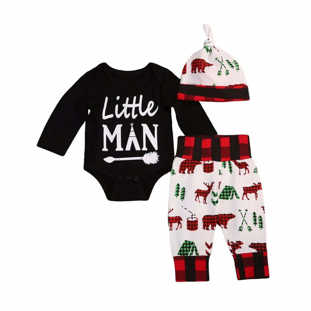 

2pcs Newborn Baby Clothing Toddler Little Man Black Solid Tops Romper+Cartoon Deer Bear Print Pants Baby Clothing Sets