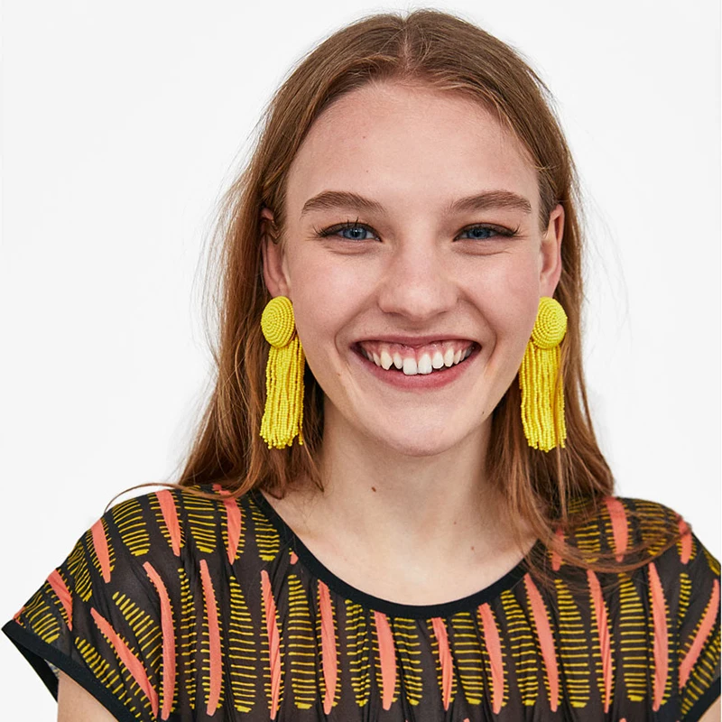 Boho Длинные бисером желтый Ленточки Серьги Brincos Висячие серьги для Для женщин