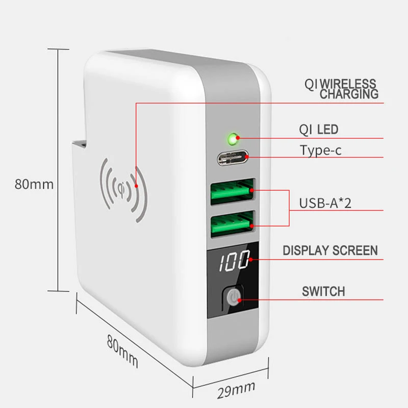 6700 мАч Qi Беспроводной Зарядное устройство Powerbank Портативный Тип C путешествия 5 В