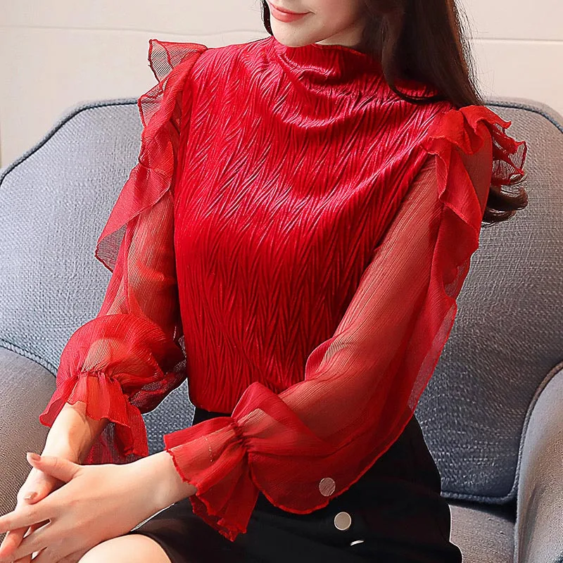 Red Весна, Новое поступление, женские тонкие блузки и рубашки в Корейском стиле, кружевные свободные рубашки со стоячим воротником, топы, распродажа T83011L - Цвет: Red