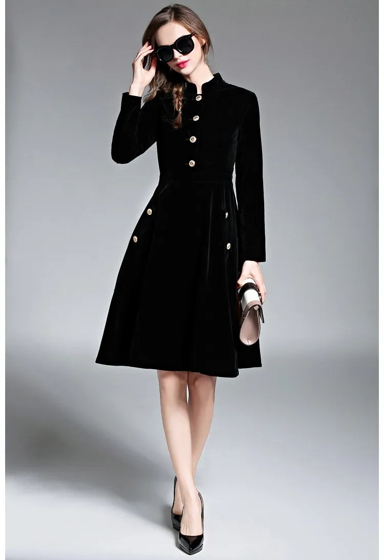 Осень женский черный трапециевидной формы элегантное платье тонкий сплошной