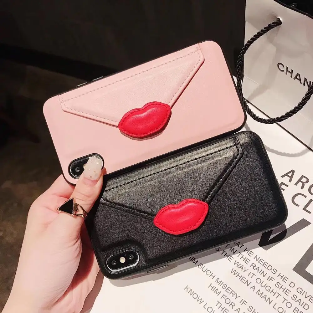 Red Lips Wallet Bag Envelope Bracket Phone Case for iphone 6 6s 7 8 Plus Black Card All Inclusive Drop Cover XS Max XR X 6S |