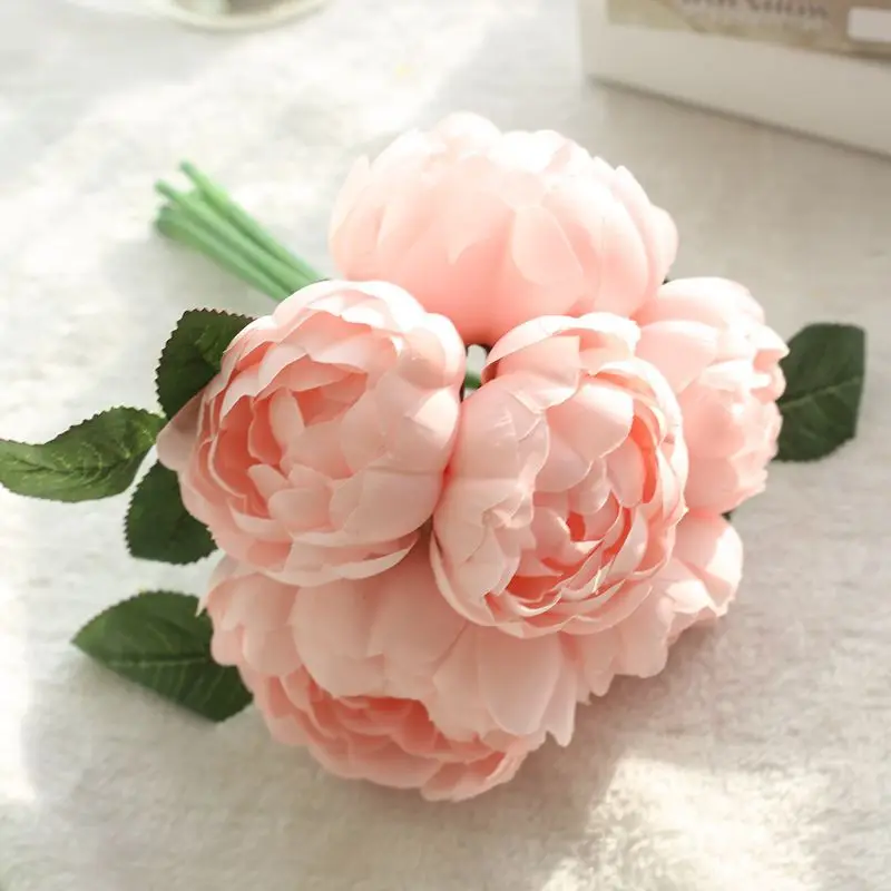light pink 6 головок круглый пион Свадебный букет синий Искусственные цветы розовый Шелковая Роза цветок для свадьбы Вечерние партия украшения Flore - Цвет: light pink