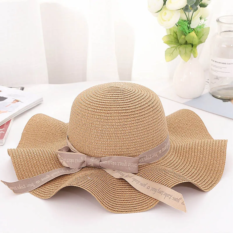 Letter Ribbon Bow Big Wave Women Summer Straw Hat Sun Visor Hats Casual Adult Sky Blue Ladies Caps Beach Cap | Аксессуары для