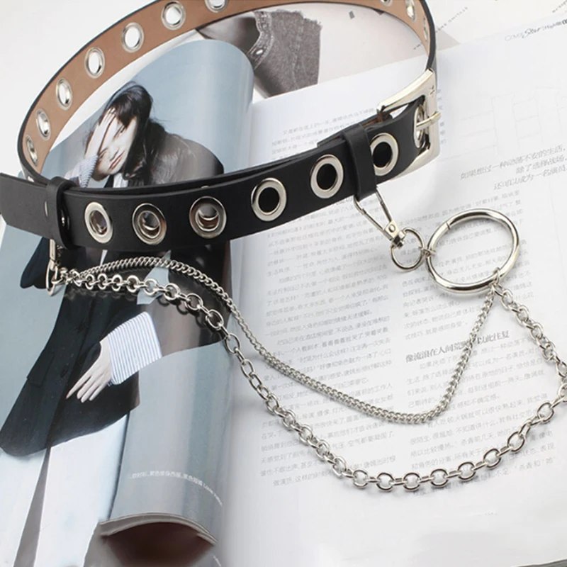 Женский и мужской кожаный ремень в стиле панк с заклепками люверсами на застежке