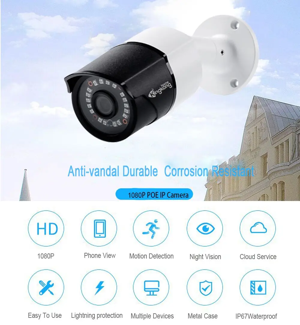 Kingkonghome 1080 P IP Камера сети onvif Водонепроницаемый Открытый безопасности poe CCTV Камера P2P Обнаружение движения металлические Камера ip