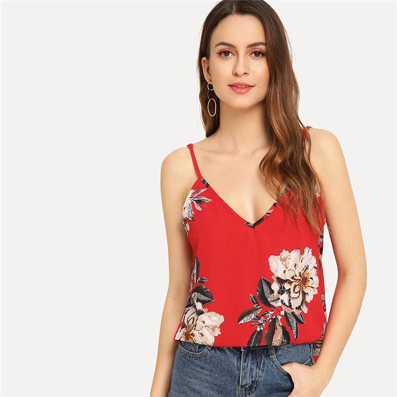 Шеин Двойной Глубокий V шеи цветочные Cami Top Boho Женская одежда Спагетти ремень топы Летний жилет топы