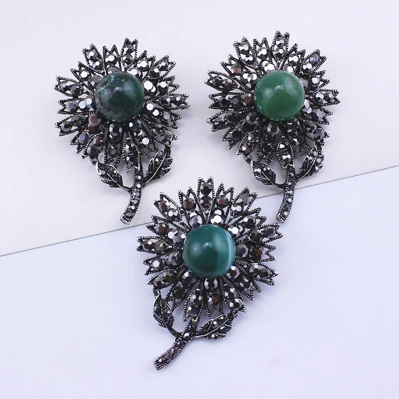 Винтажный Зеленый Цвет жемчужиной Камень Лист броши булавки для женщин черные