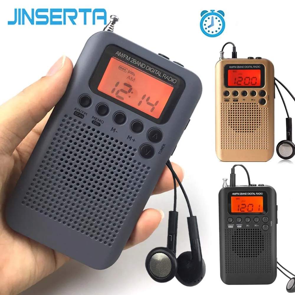 JINSERTA мини lcd цифровой FM/AM радио динамик с будильником и функцией отображения времени 3,5 мм разъем для наушников и зарядный кабель