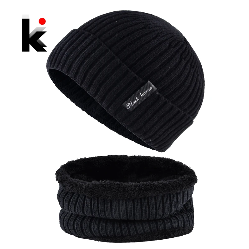 

Knitted Wool Hat For Men Solid Color Knit Hats And Scarf Sets Man Winter Warm Skullies Beanies Scarves Add Velvet Bonnet Caps