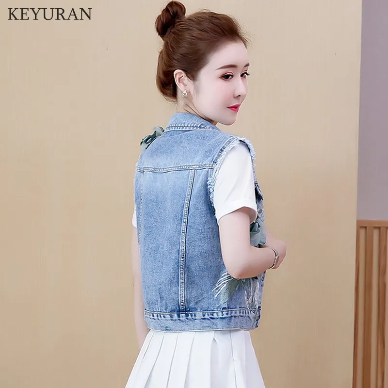 Женский джинсовый жилет с объемной цветочной вышивкой без рукавов|Жилеты и