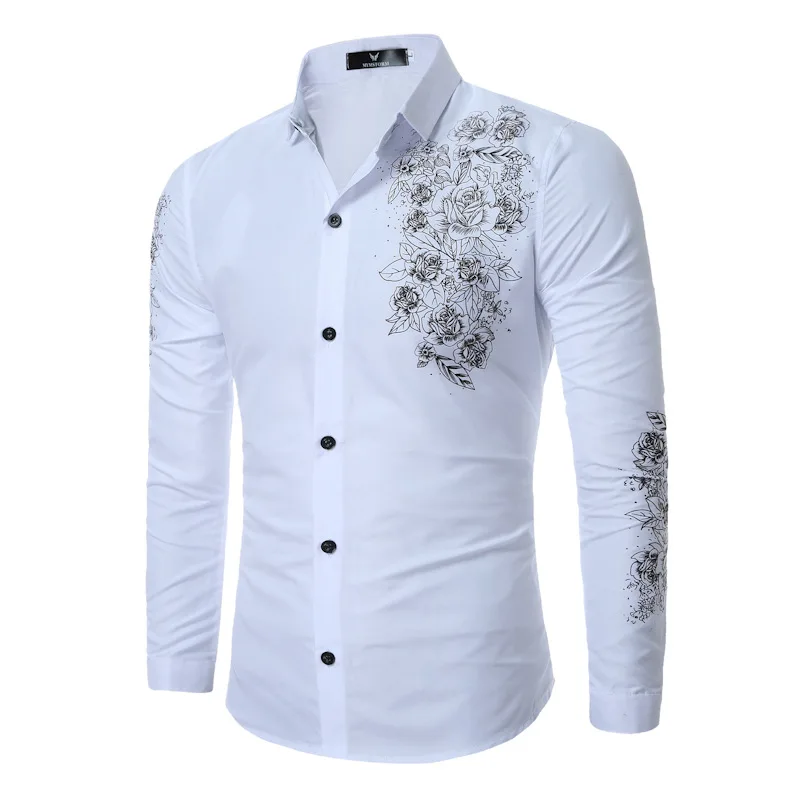 Для мужчин платье с цветочным рисунком рубашки Slim Fit мужской хлопок высокое