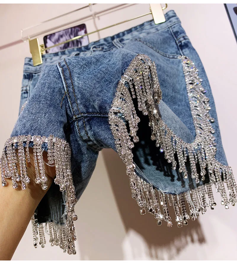 Стразы кисточкой Высокая Талия Джинсовые шорты Для женщин Летняя модна Diamonds(бриллианты) тяжелая работа Широкие джинсовые шорты