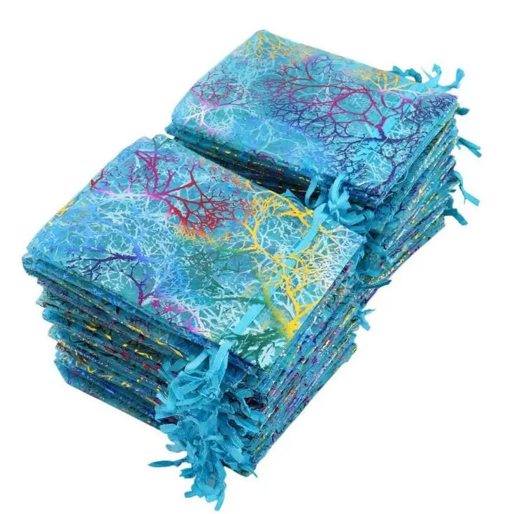 Blue Colour 100 шт./лот 9x12,13x18,17x23,20x30 см из газовой ткани с коралловым узором мешочки с завязками из органзы Рождественский подарок упаковочные пакеты - Цвет: Blue Colour