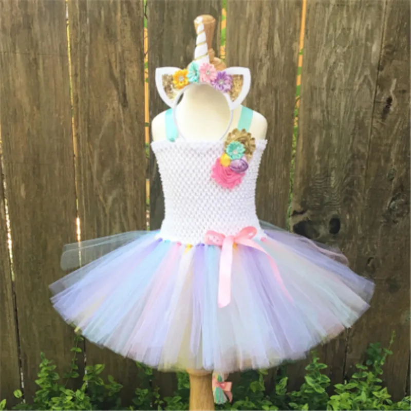 Girls Tutu Dress Fancy Rainbow Princess Unicorn with Headband Christmas Halloween Costume for Kids Girl Party 1-14Y | Детская одежда и