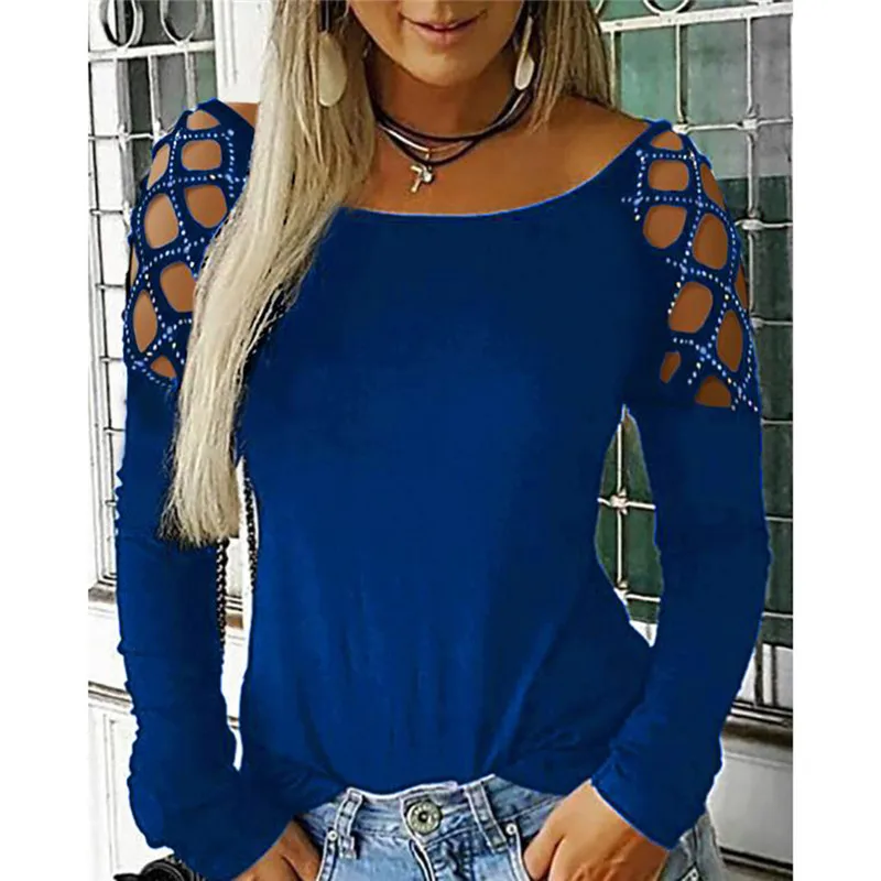

Fashion Women Crew Neck Hollow-Out Studded Long Sleeve T Shirts Casual Tops