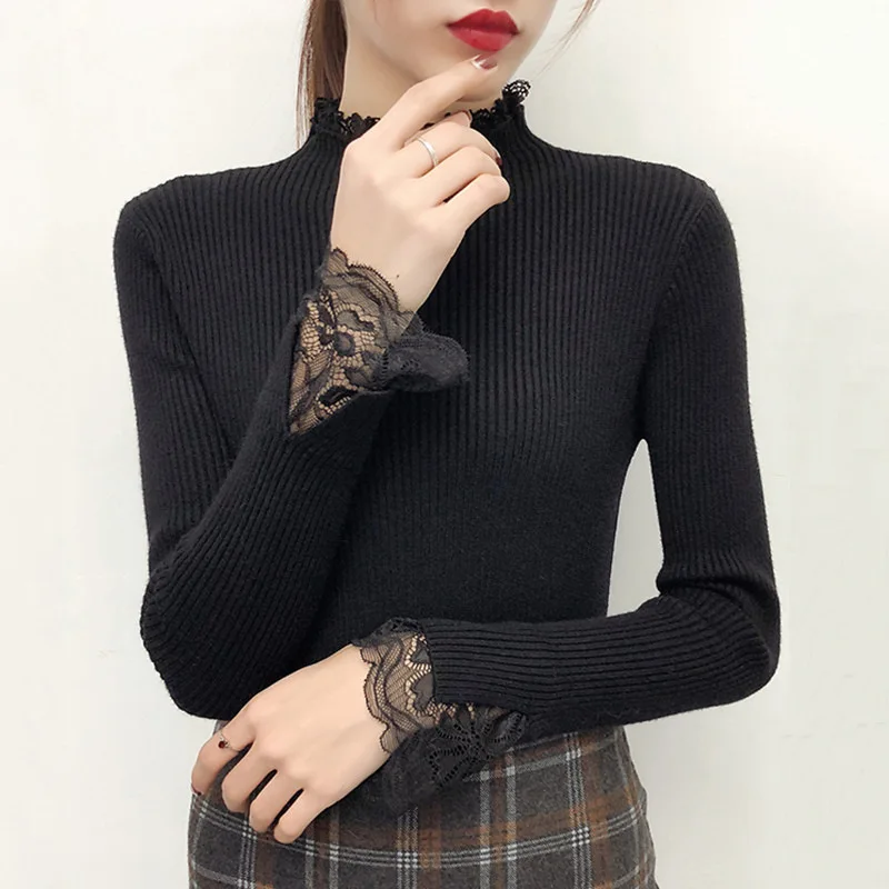 2018 autumn and winter new Korean version of the slim long-sleeved lotus leaf collar solid color lace bottoming sweater swe |