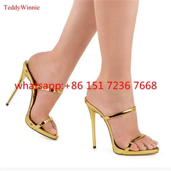 Новый Двумя Тонкими Ремешками Сандалии Тапочки Высокие Каблуки Золото Серебро
