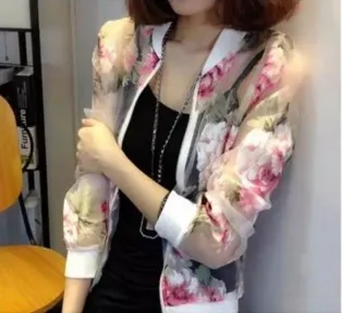Женская летняя куртка на молнии с цветочным принтом из органзы|Женские куртки| |