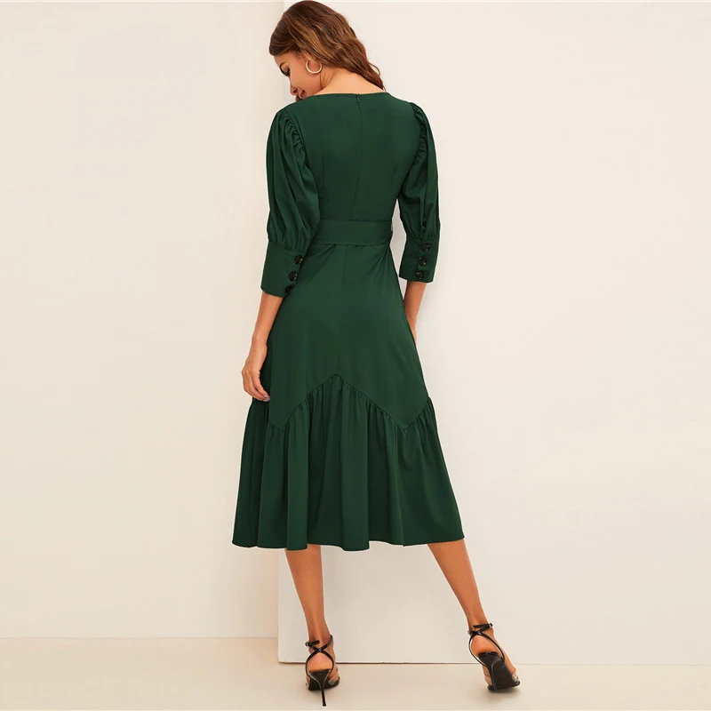 SHEIN платье с оборками и пышными рукавами, с поясом, приталенное и расклешенное,, элегантное, весна-осень, квадратный вырез, женские летние длинные платья