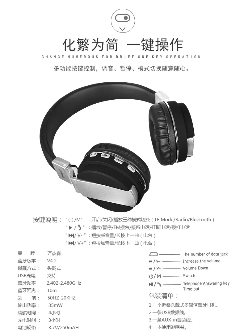 Kappice Bluetooth беспроводные наушники Складная гарнитура с басами и встроенным микрофоном для смартфона
