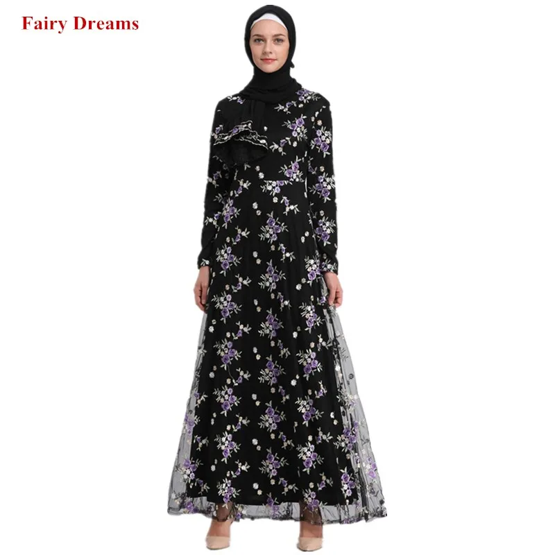 Черное женское мусульманское платье Abayas женская одежда хиджаб цветы вышивка