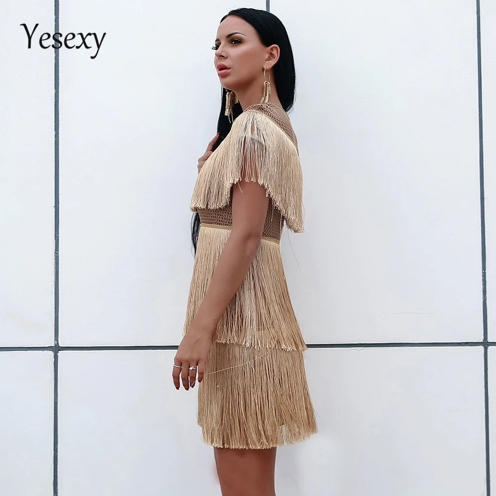 Yesexy женское сексуальное платье с круглым вырезом и коротким рукавом, женское элегантное облегающее платье с кисточками Vestdios VR9341-1