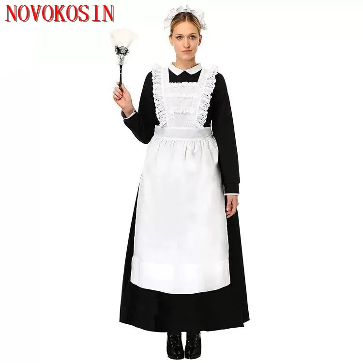 YQ114 S-3XL, черный с белым костюм горничной для ролевых игр, бразильское женское хлопковое длинное платье-сарафан для слуг