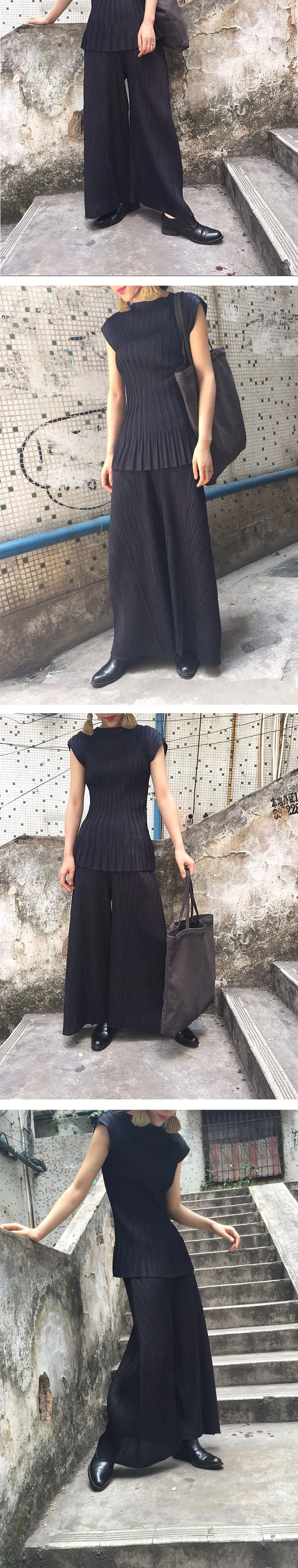 Changpleat, летняя коллекция, дизайн, женские футболки Miyak, плиссированные, с коротким рукавом, черные, с круглым вырезом, тонкие женские футболки размера плюс, мода