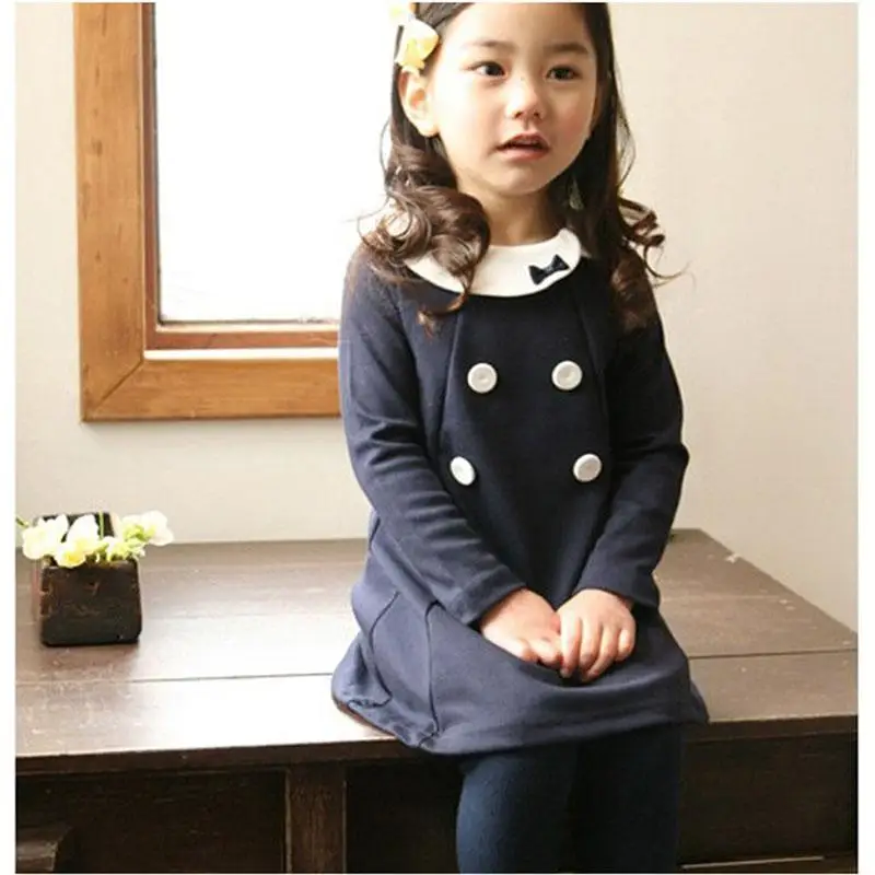 2016 Новая Коллекция Весна Осень Девушка Платье С Длинным Рукавом Двубортный