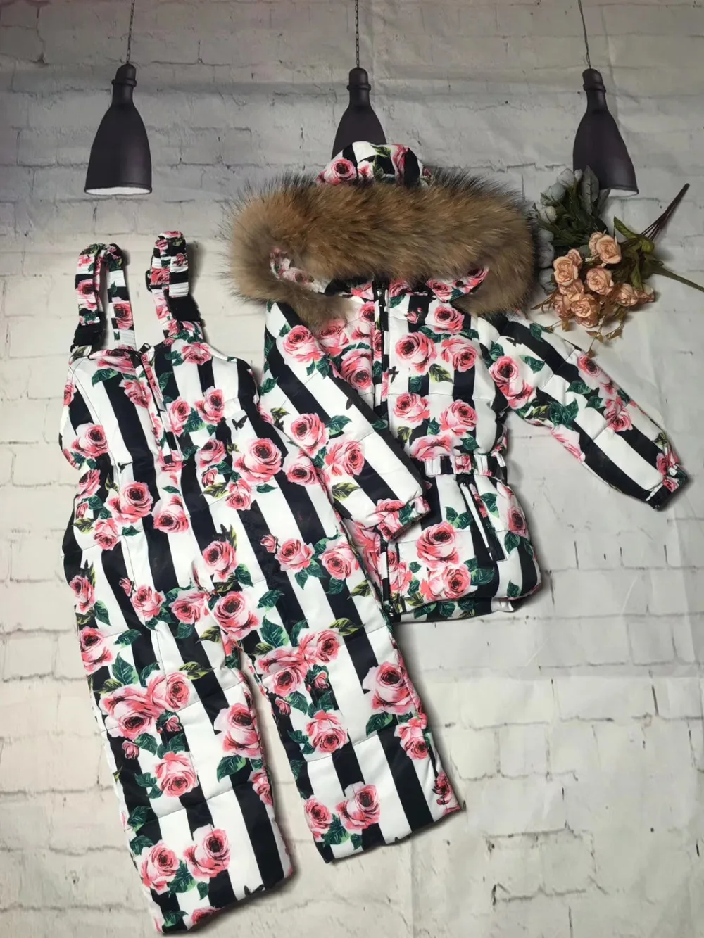 Real raccoon fur winter jacket child suit jacket+pant twinset boy& girl ski suits children down jacket outerwear parka