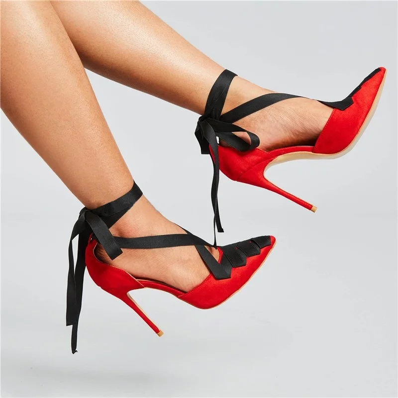 

2019 Lace Up Woman Pumps Cross Riband Nightclub Ladies Shoes Pointed Toe Hot Sexy Red Women High Heels 10cm Size 34-46 Stilettos